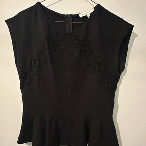 Sandro Elegant Black Lace Trim Peplum Top